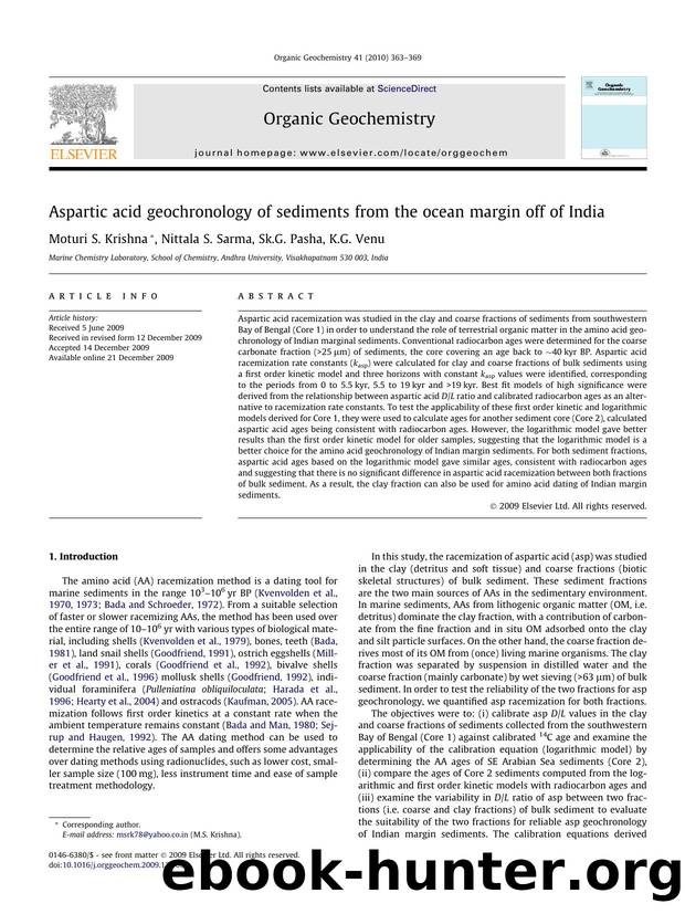 Aspartic acid geochronology of sediments from the ocean margin off of India by Moturi S. Krishna; Nittala S. Sarma; Sk.G. Pasha; K.G. Venu