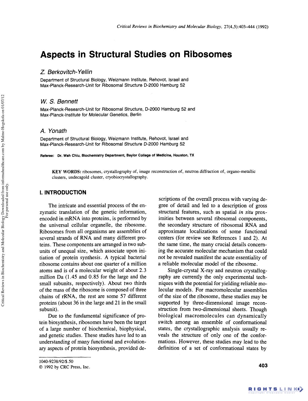 Aspects in Structural Studies on Ribosomes by Z. Berkovitch-Yellin W. S. Bennett & A. Yonath