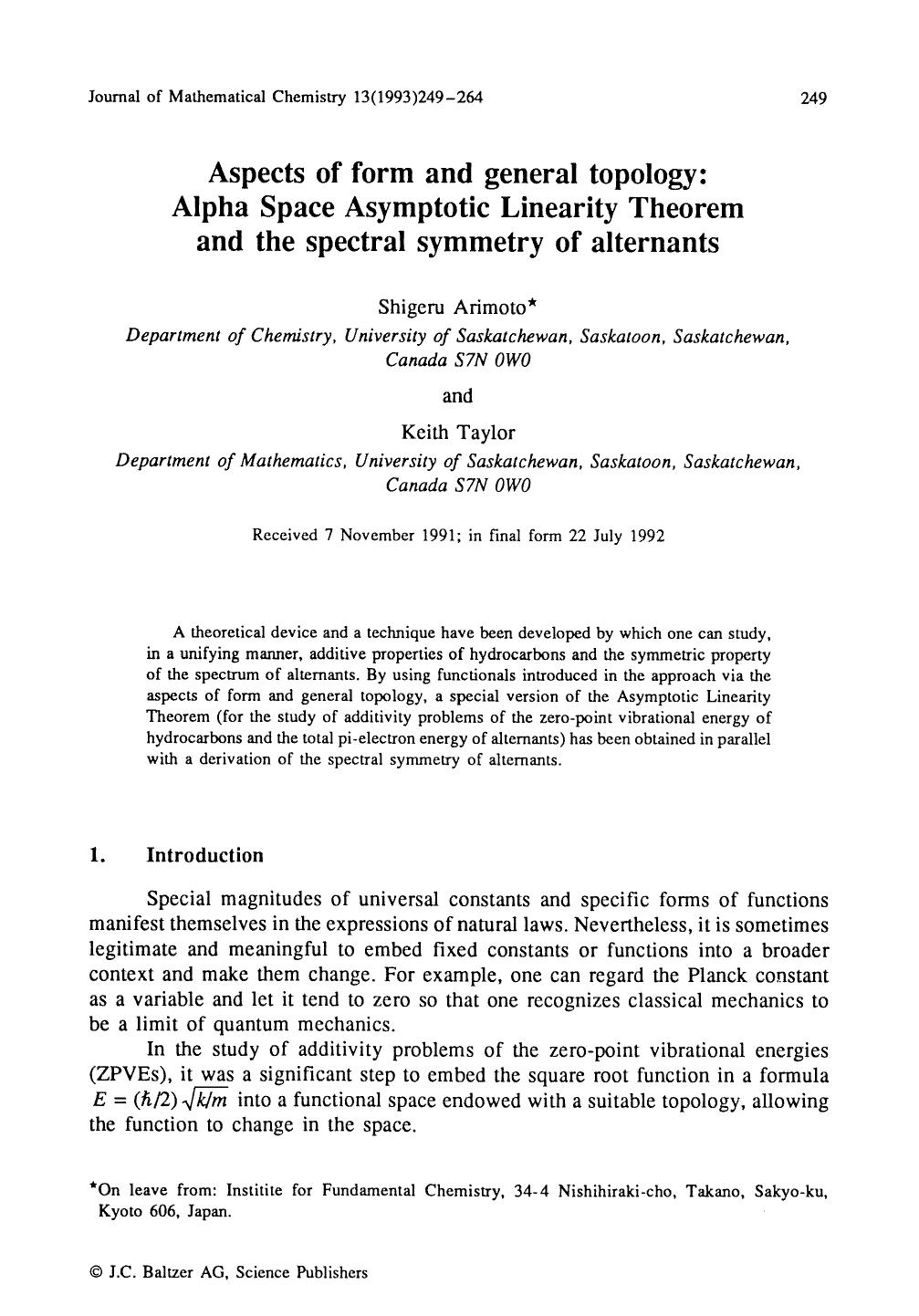 Aspects of form and general topology: Alpha Space Asymptotic Linearity Theorem and the spectral symmetry of alternants by Unknown