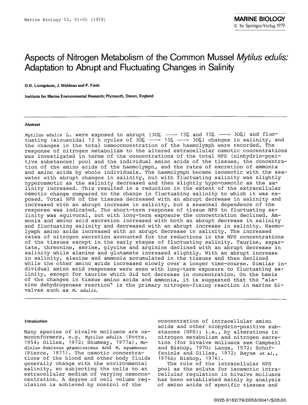 Aspects of nitrogen metabolism of the common mussel <Emphasis Type="Italic">Mytilus edulis<Emphasis>: Adaptation to abrupt and fluctuating changes in salinity by Unknown