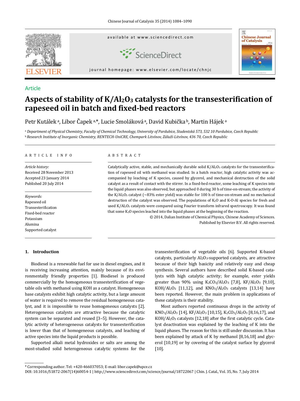 Aspects of stability of KAl2O3 catalysts for the transesterification of rapeseed oil in batch and fixed-bed reactors by Petr Kutálek & Libor Čapek & Lucie Smoláková & David KubiÄ?ka & Martin Hájek