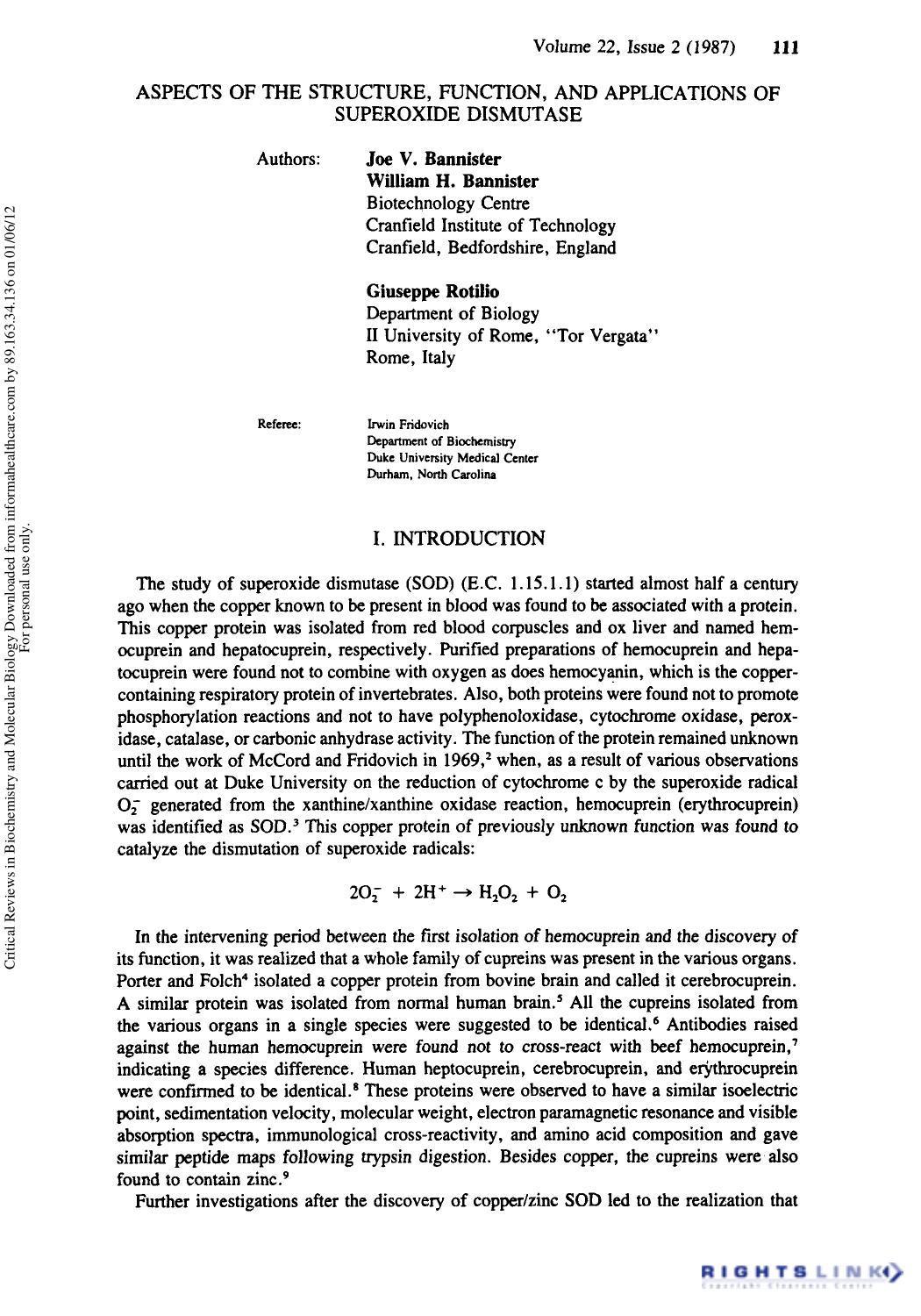 Aspects of the Structure, Function, and Applications of Superoxide Dismutas by Joe V. Bannister William H. Bannister & Giuseppe Rotilio