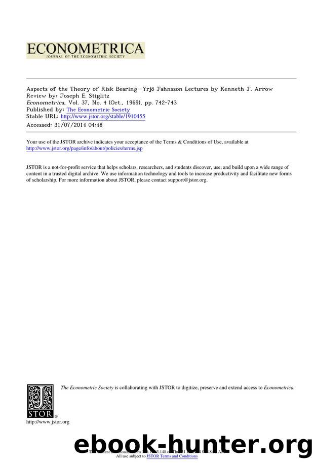 Aspects of the Theory of Risk Bearing--YrjÃ¶ Jahnsson Lectures by Kenneth J. Arrow by Aspects of the Theory of Risk Bearing--Yrjö Jahnsson Lectures by Kenneth J. Arrow
