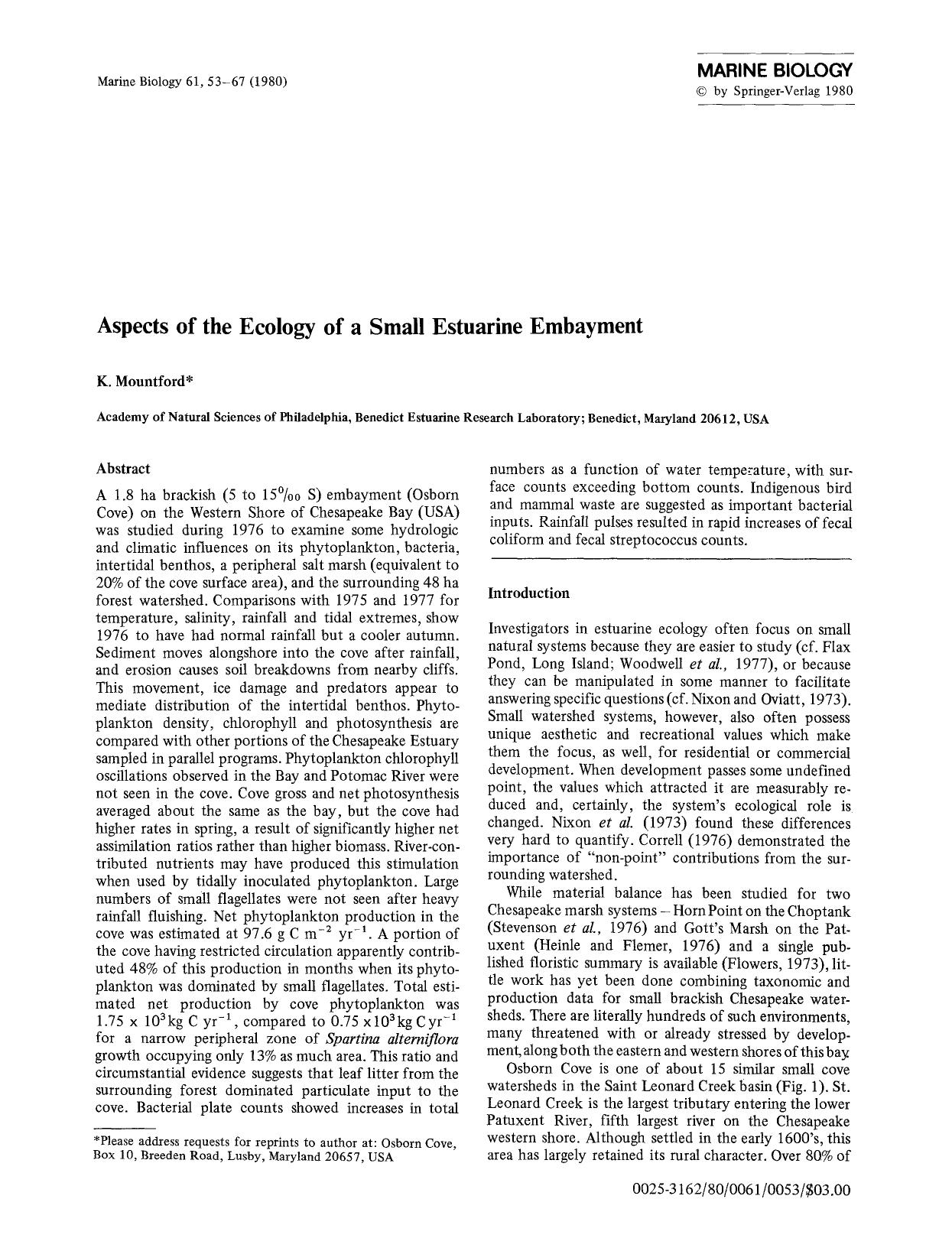 Aspects of the ecology of a small estuarine embayment by Unknown