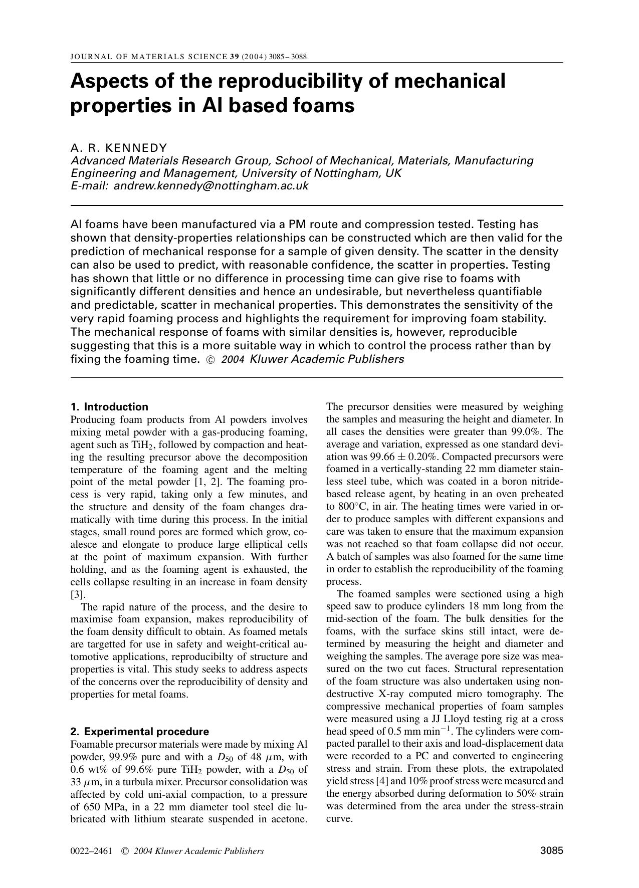 Aspects of the reproducibility of mechanical properties in Al based foams by Unknown