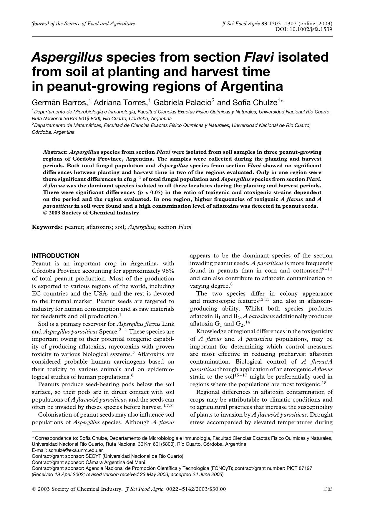 Aspergillus species from section Flavi isolated from soil at planting and harvest time in peanut-growing regions of Argentina by Unknown