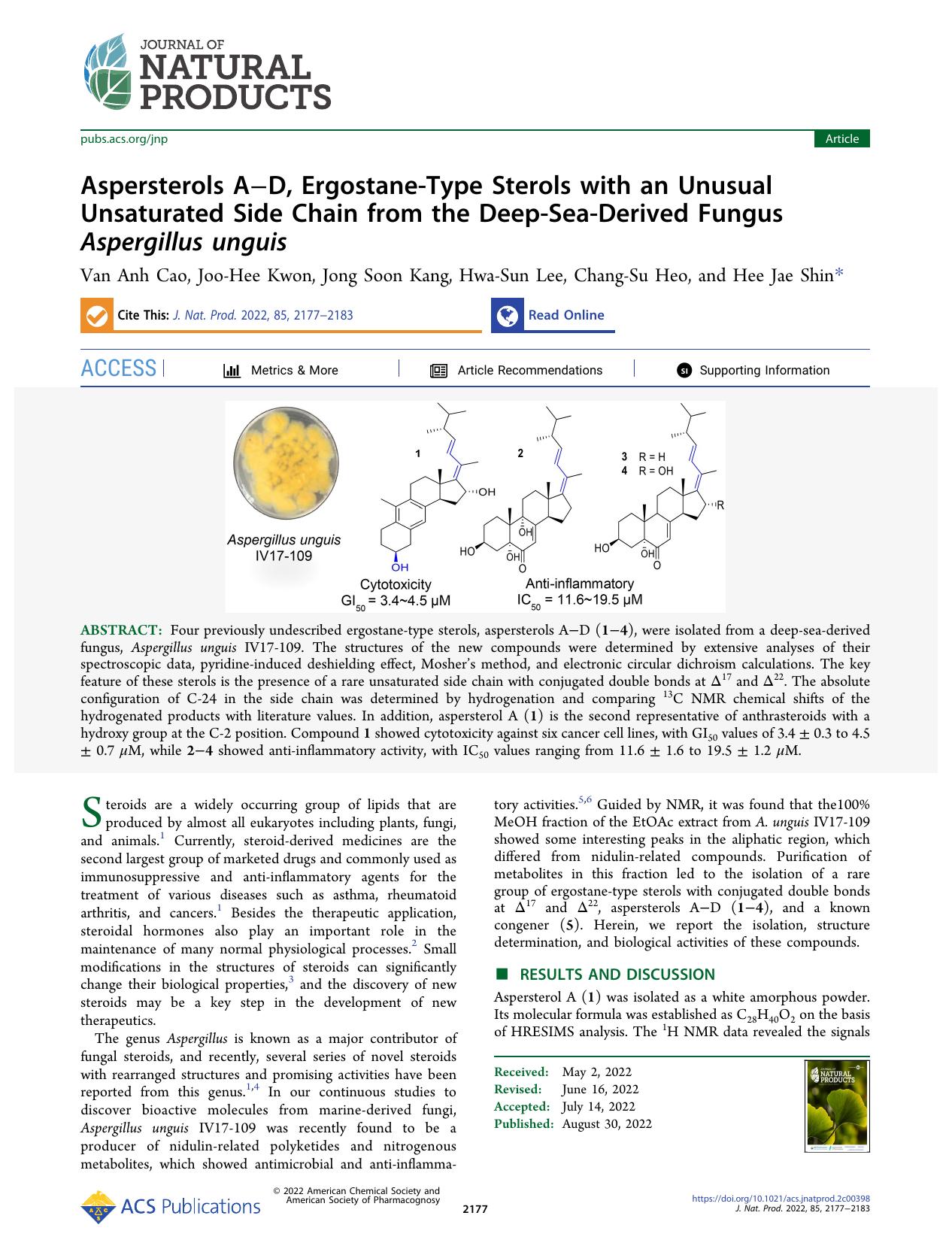 Aspersterols AâD, Ergostane-Type Sterols with an Unusual Unsaturated Side Chain from the Deep-Sea-Derived Fungus Aspergillus unguis by Van Anh Cao Joo-Hee Kwon Jong Soon Kang Hwa-Sun Lee Chang-Su Heo and Hee Jae Shin