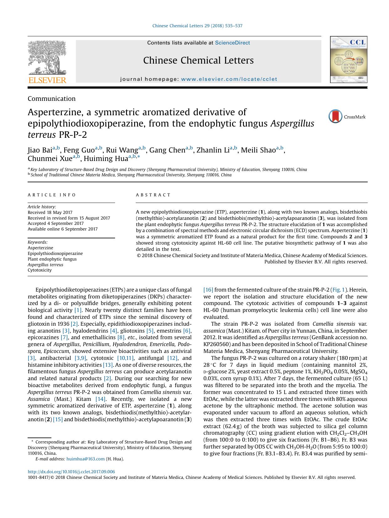 Asperterzine, a symmetric aromatized derivative of epipolythiodioxopiperazine, from the endophytic fungus Aspergillus terreus PR-P-2 by Jiao Bai & Feng Guo & Rui Wang & Gang Chen & Zhanlin Li & Meili Shao & Chunmei Xue & Huiming Hua