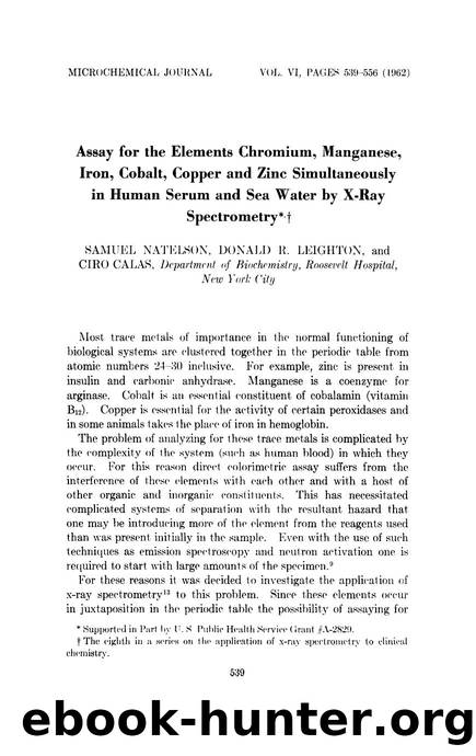 Assay for the elements chromium, manganese, iron, cobalt, copper and zinc simultaneously in human serum and sea water by X-ray spectrometry by Samuel Natelson; Donald R. Leighton; Ciro Calas