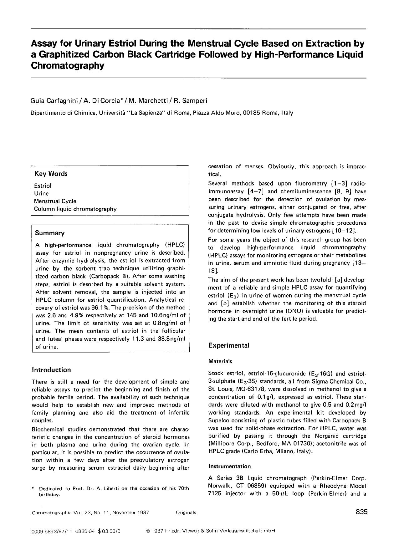 Assay for urinary estriol during the menstrual cycle based on extraction by a graphitized carbon black cartridge followed by high-performance liquid chromatography by Unknown