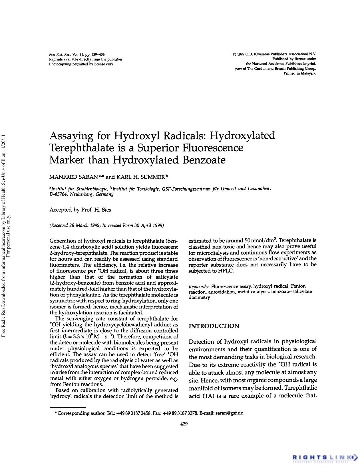Assaying for hydroxyl radicals: Hydroxylated terephthalate is a superior fluorescence marker than hydroxylated benzoate by Manfred Saran & Karl H. Summer