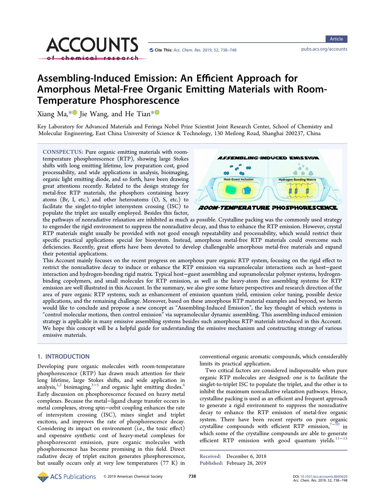 Assembling-Induced Emission: An Efficient Approach for Amorphous Metal-Free Organic Emitting Materials with Room-Temperature Phosphorescence by Xiang Ma; Jie Wang; He Tian & Jie Wang & He Tian