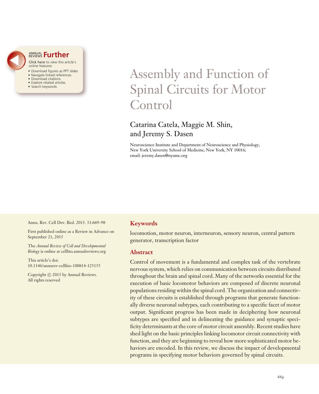 Assembly and Function of Spinal Circuits for Motor Control by Catarina Catela Maggie M. Shin and Jeremy S. Dasen