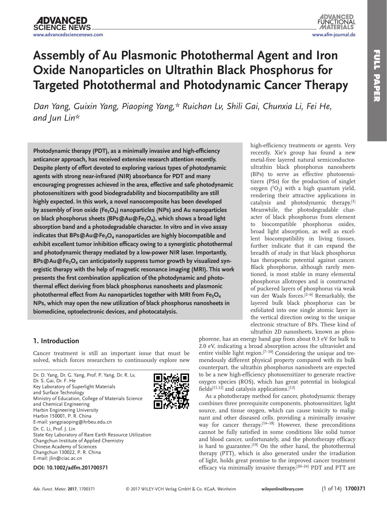 Assembly of Au Plasmonic Photothermal Agent and Iron Oxide Nanoparticles on Ultrathin Black Phosphorus for Targeted Photothermal and Photodynamic Cancer Therapy by Unknown