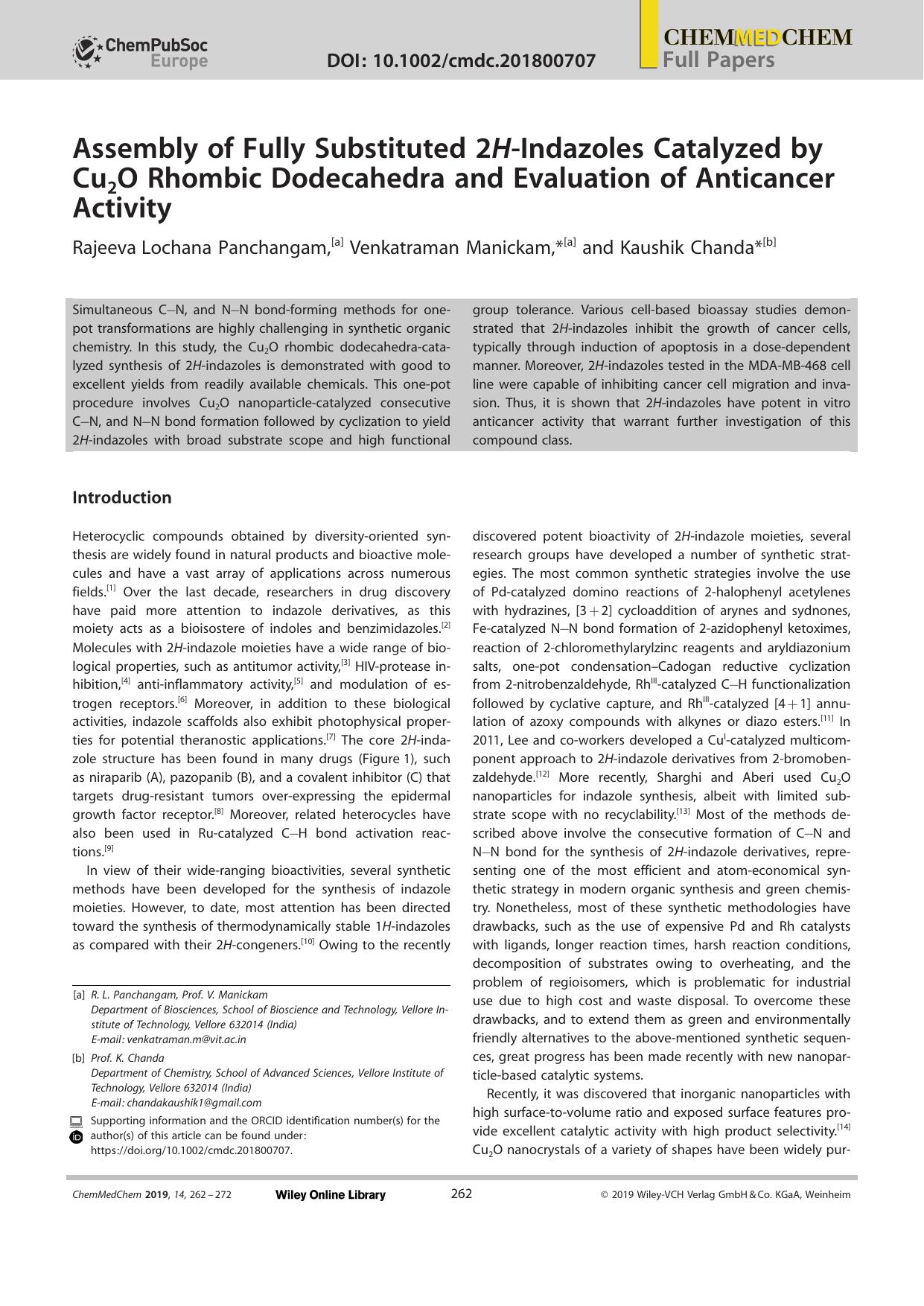 Assembly of Fully Substituted 2HâIndazoles Catalyzed by Cu2O Rhombic Dodecahedra and Evaluation of Anticancer Activity by Unknown