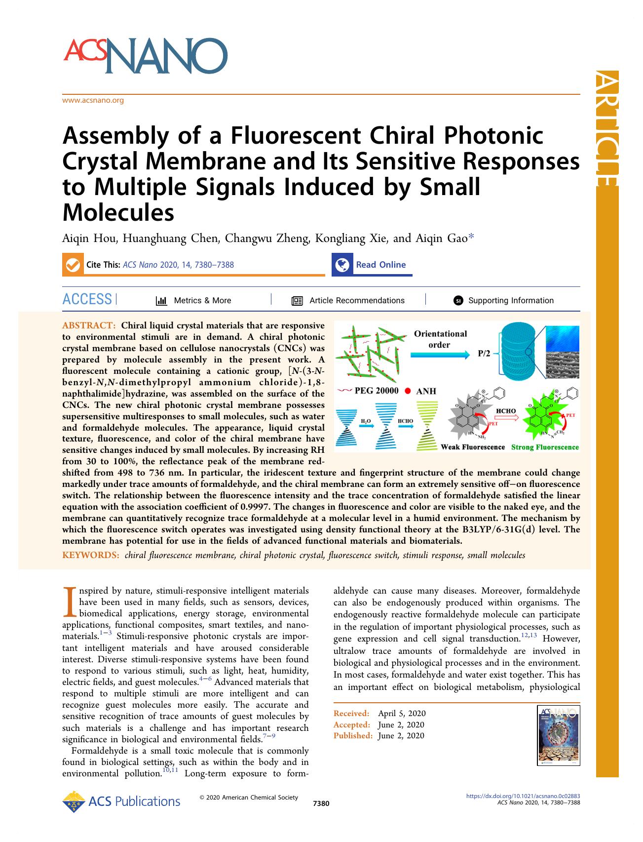 Assembly of a Fluorescent Chiral Photonic Crystal Membrane and Its Sensitive Responses to Multiple Signals Induced by Small Molecules by Aiqin Hou Huanghuang Chen Changwu Zheng Kongliang Xie and Aiqin Gao