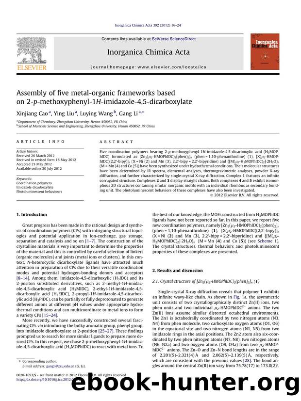 Assembly of five metal-organic frameworks based on 2-p-methoxyphenyl-1H-imidazole-4,5-dicarboxylate by Xinjiang Cao & Ying Liu & Luying Wang & Gang Li