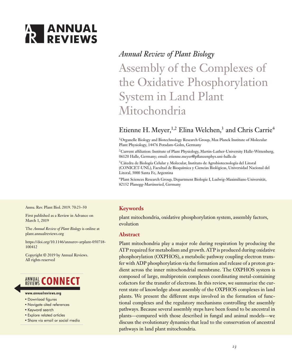 Assembly of the Complexes of the Oxidative Phosphorylation System in Land Plant Mitochondria by Etienne H. Meyer Elina Welchen Chris Carrie