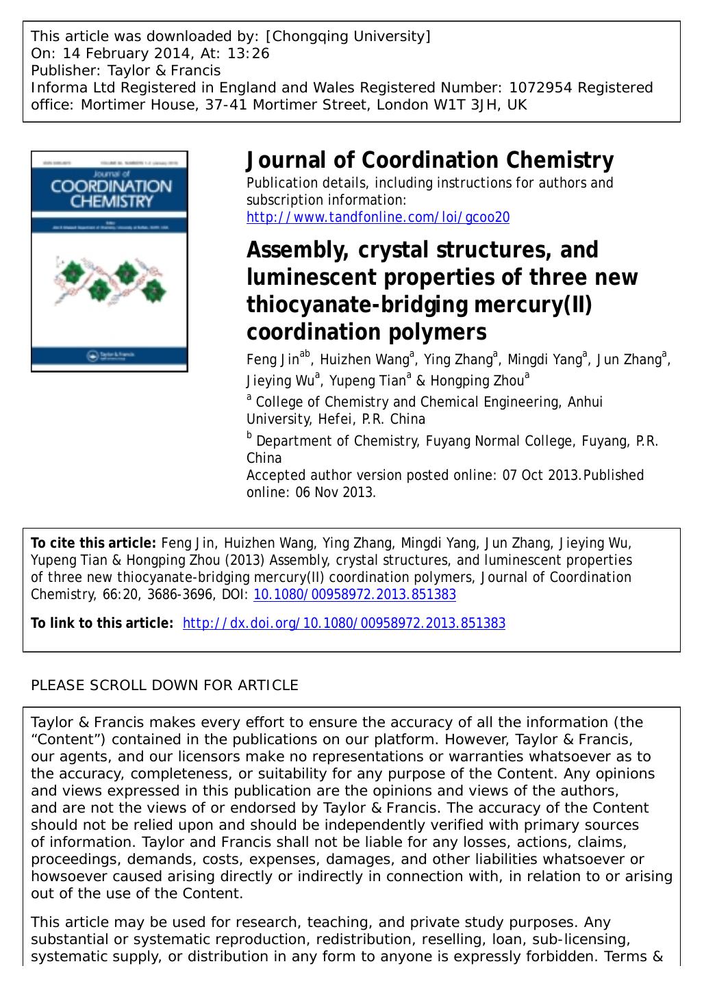 Assembly, crystal structures, and luminescent properties of three new thiocyanate-bridging mercury(II) coordination polymers by unknow