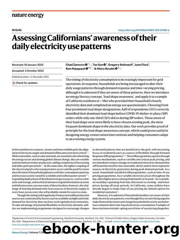 Assessing Californiansâ awareness of their daily electricity use patterns by Chad Zanocco & Tao Sun & Gregory Stelmach & June Flora & Ram Rajagopal & Hilary Boudet