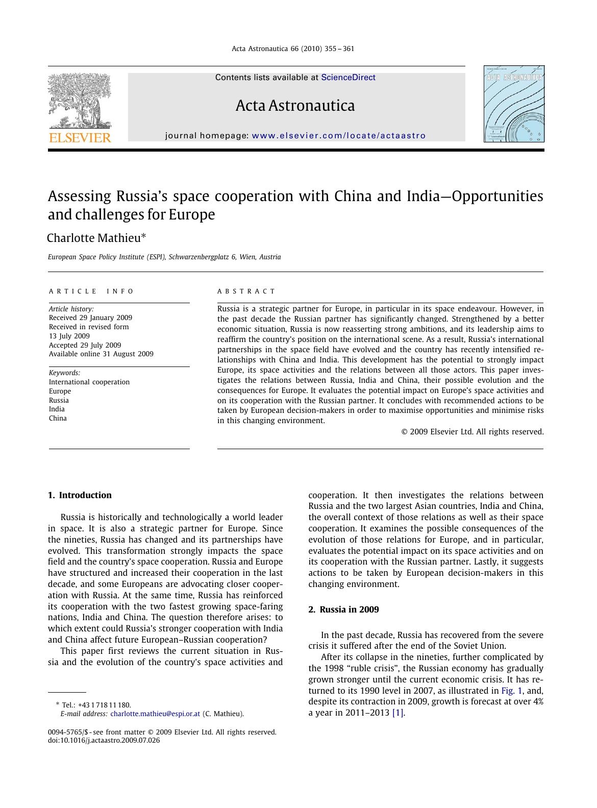 Assessing Russia's space cooperation with China and IndiaâOpportunities and challenges for Europe by Charlotte Mathieu