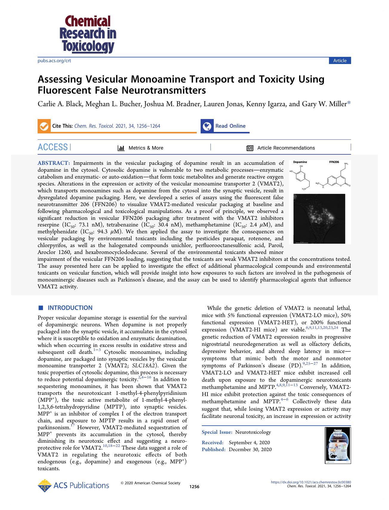 Assessing Vesicular Monoamine Transport and Toxicity Using Fluorescent False Neurotransmitters by Carlie A. Black Meghan L. Bucher Joshua M. Bradner Lauren Jonas Kenny Igarza and Gary W. Miller