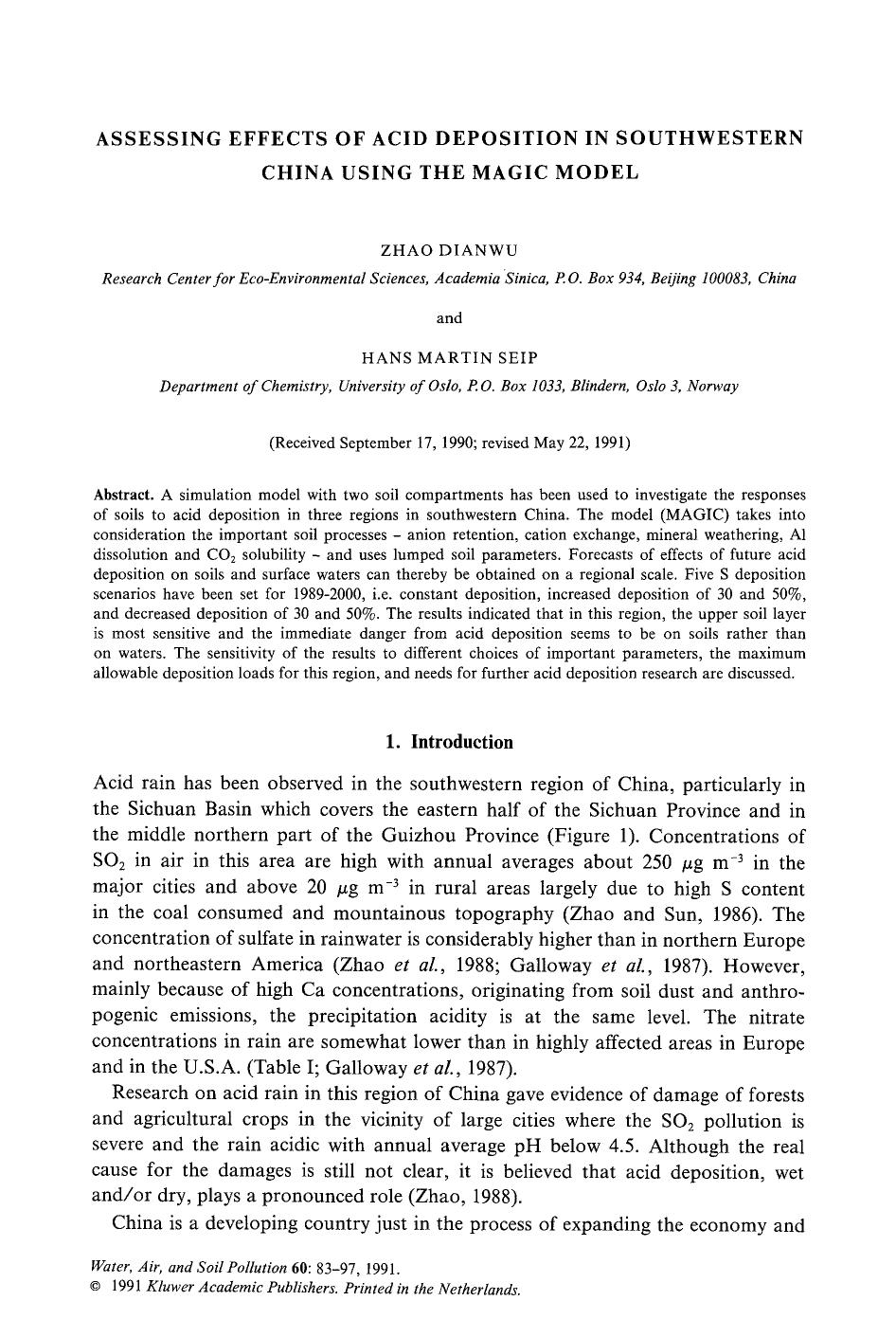 Assessing effects of acid deposition in Southwestern China using the magic model by Unknown