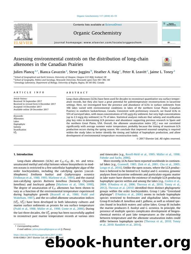 Assessing environmental controls on the distribution of long-chain alkenones in the Canadian Prairies by unknow