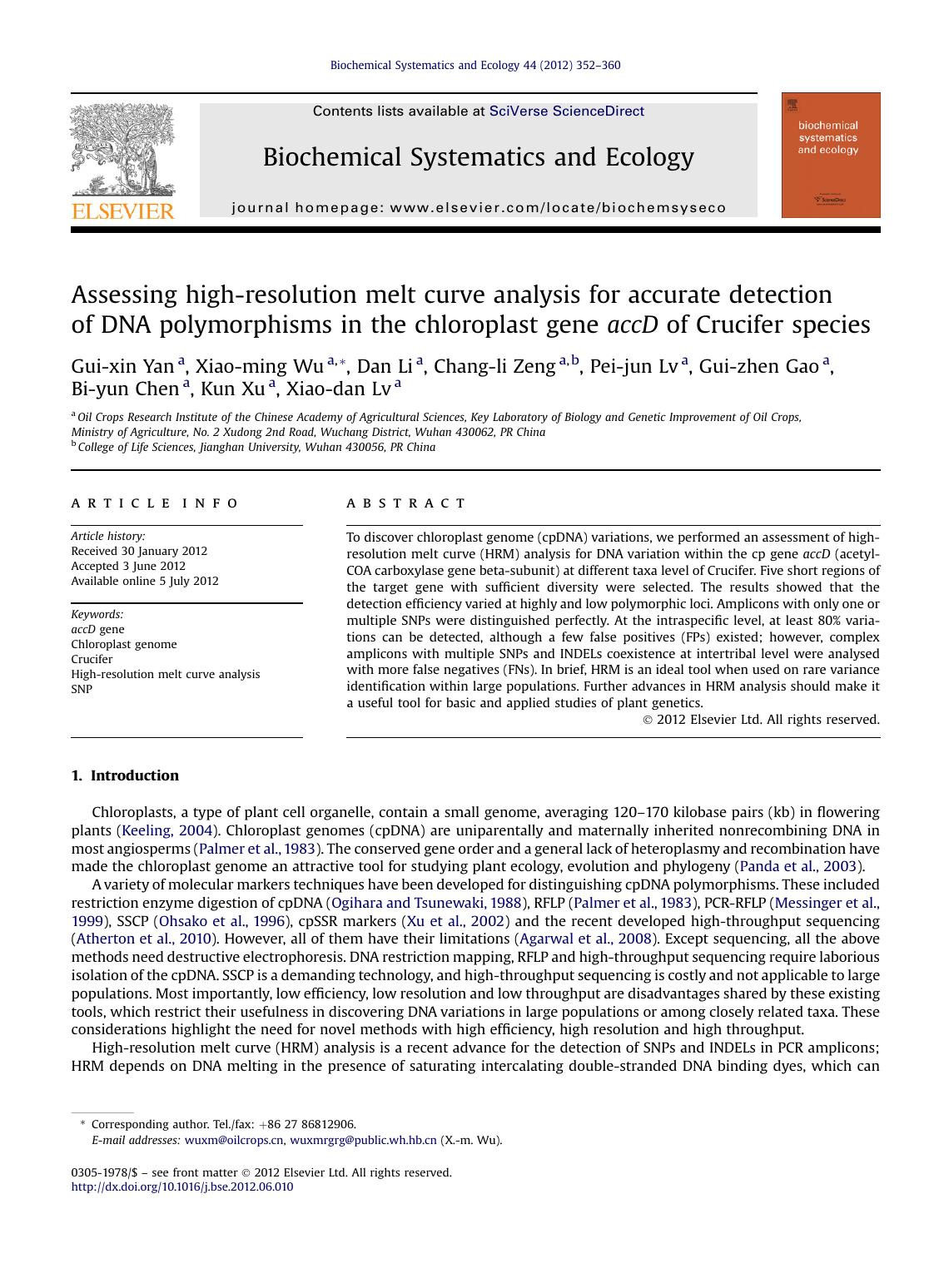 Assessing high-resolution melt curve analysis for accurate detection of DNA polymorphisms in the chloroplast gene accD of Crucifer species by unknow