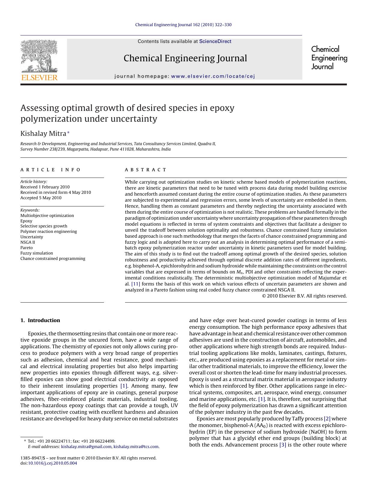 Assessing optimal growth of desired species in epoxy polymerization under uncertainty by Kishalay Mitra