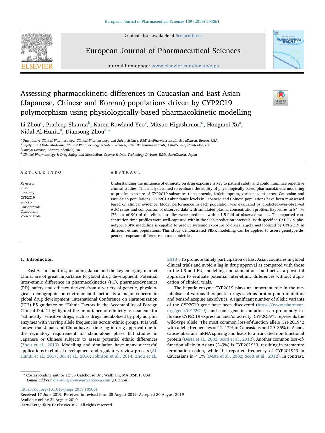 Assessing pharmacokinetic differences in Caucasian and East Asian (Japanese, Chinese and Korean) populations driven by CYP2C19 polymorphism using physiologically-based pharmacokinetic modelling by unknow