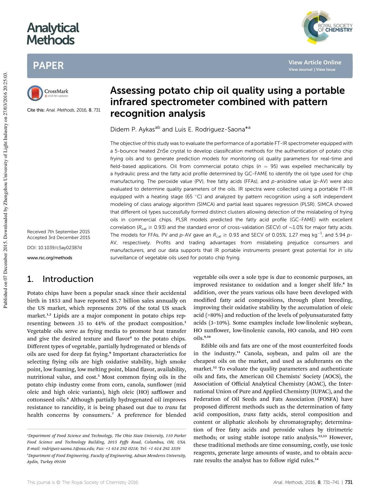 Assessing potato chip oil quality using a portable infrared spectrometer combined with pattern recognition analysis by Didem P. Aykas & Luis E. Rodriguez-Saona