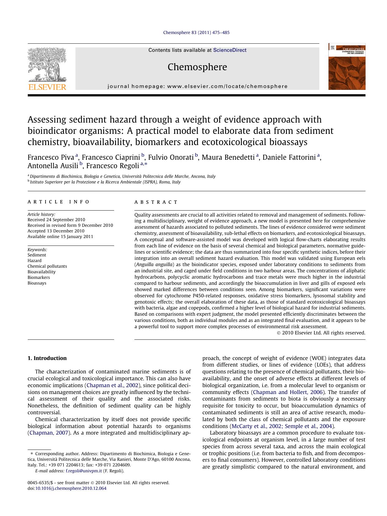 Assessing sediment hazard through a weight of evidence approach with bioindicator organisms: A practical model to elaborate data from sediment chemistry, bioavailability, biomarker by unknow