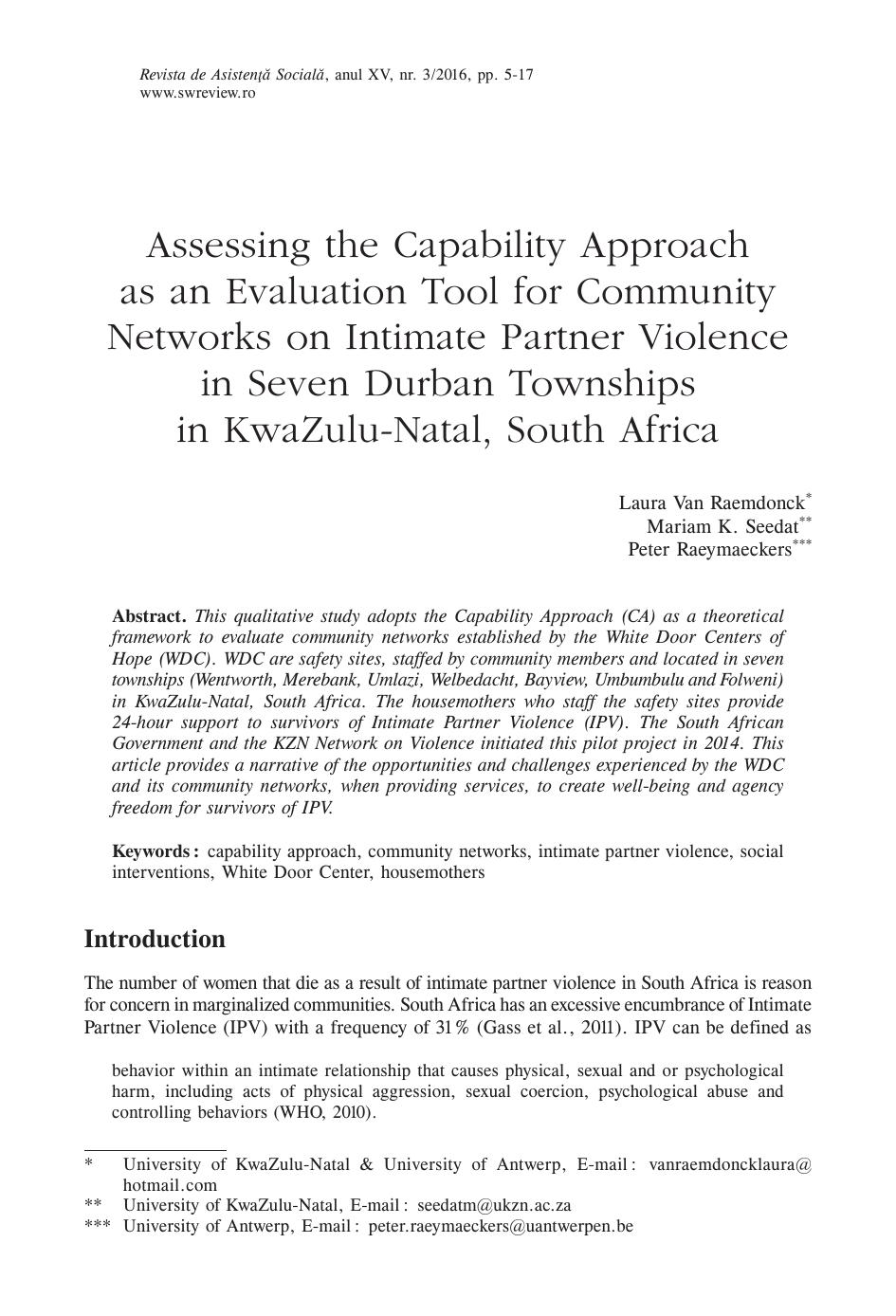 Assessing the Capability Approach as an Evaluation Tool for Community Networks on Intimate Partner Violence in Seven Durban Townships in KwaZuluâNatal, South Africa by Van Raemdonck Seedat-Khan Raeymaeckers