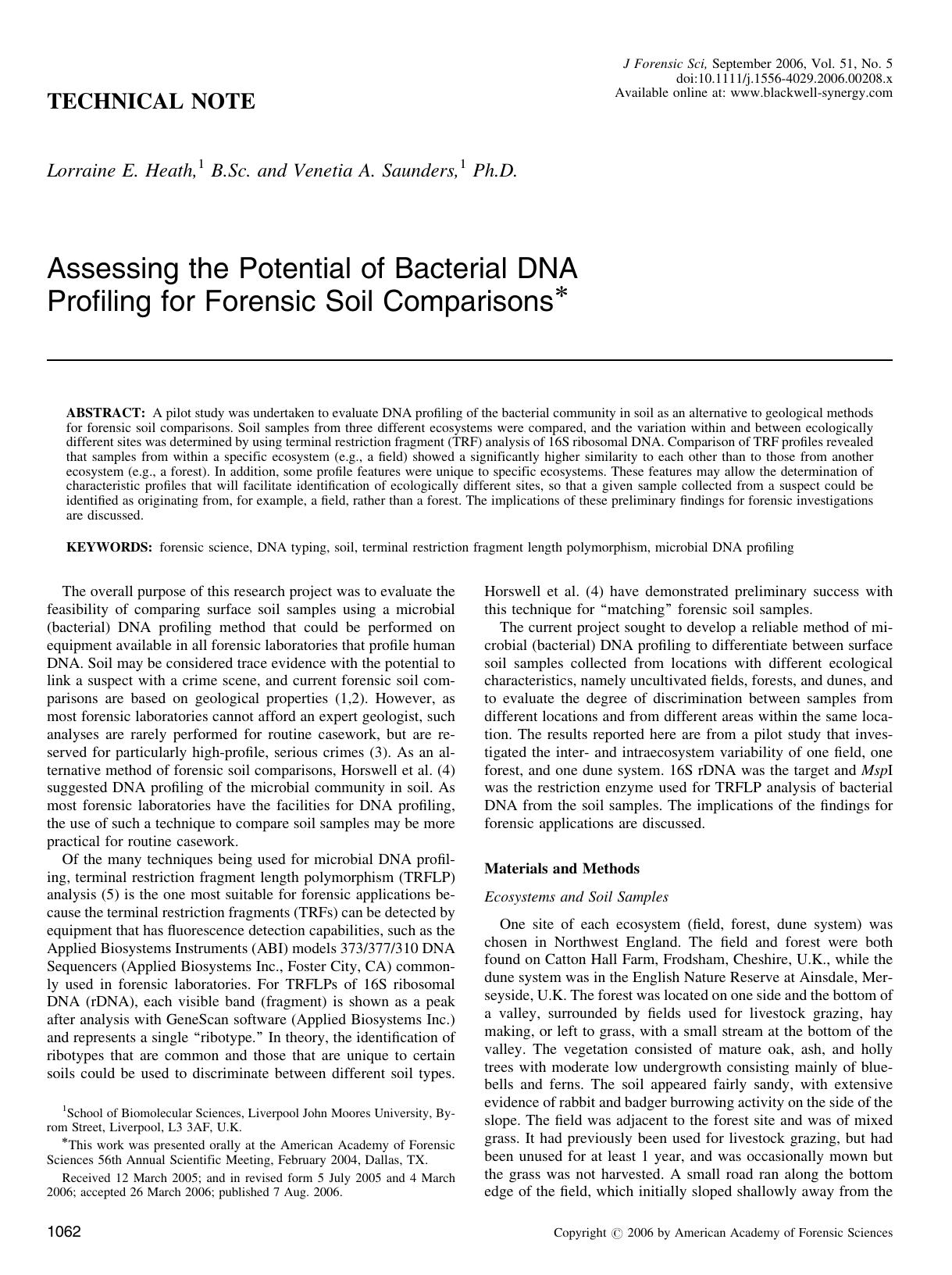 Assessing the Potential of Bacterial DNA Profiling for Forensic Soil Comparisons* by Unknown