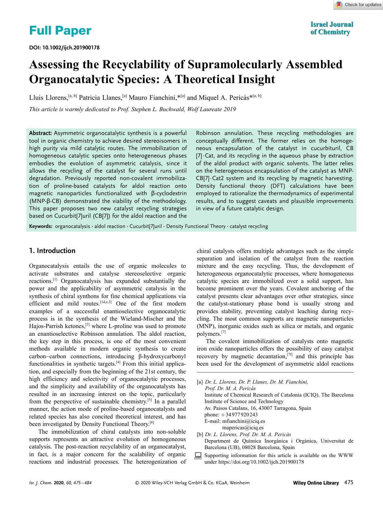 Assessing the Recyclability of Supramolecularly Assembled Organocatalytic Species: A Theoretical Insight by Unknown