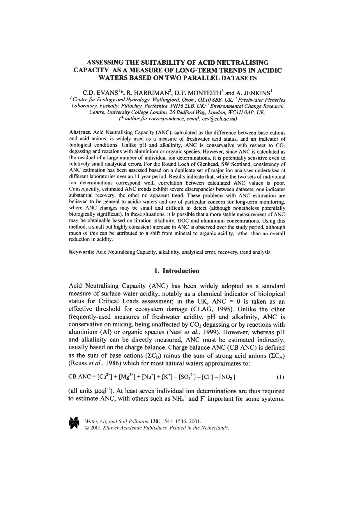Assessing the Suitability of Acid Neutralising Capacity as a Measure of Long-Term Trends in Acidic Waters Based on Two Parallel Datasets by Unknown