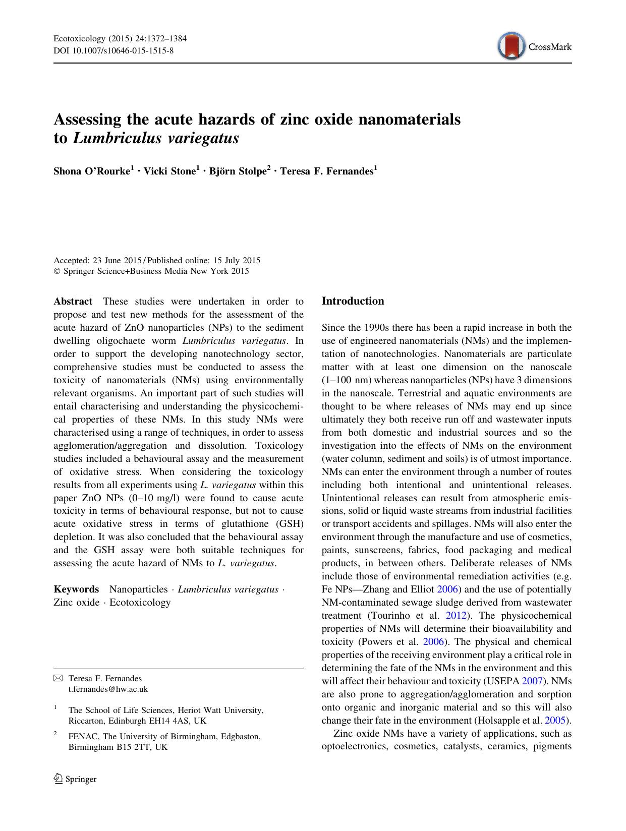 Assessing the acute hazards of zinc oxide nanomaterials to Lumbriculus variegatus by Shona O’Rourke & Vicki Stone & Björn Stolpe & Teresa F. Fernandes