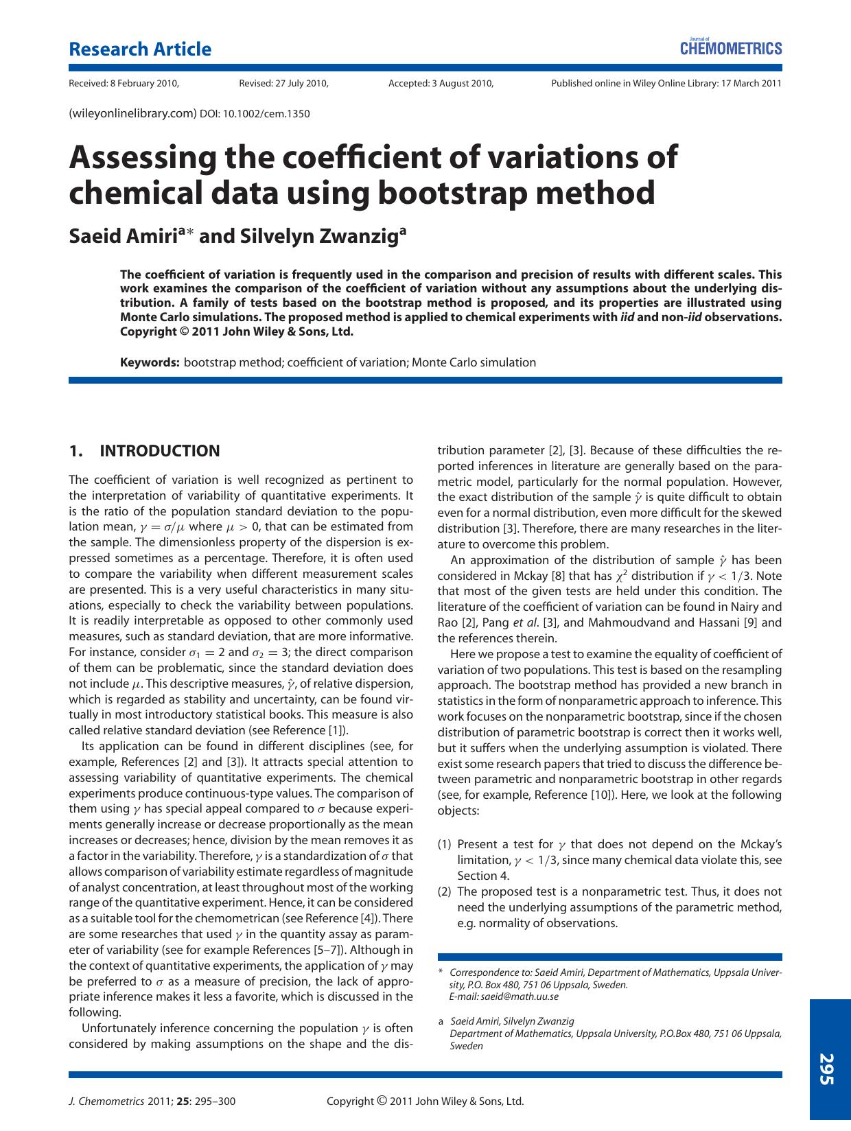 Assessing the coefficient of variations of chemical data using bootstrap method by Unknown