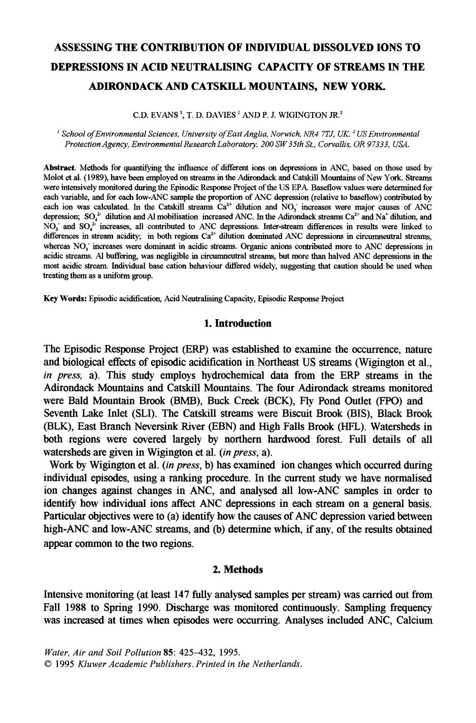 Assessing the contribution of individual dissolved ions to depressions in acid neutralising capacity of streams in the adirondack and Catskill Mountains, New York by Unknown