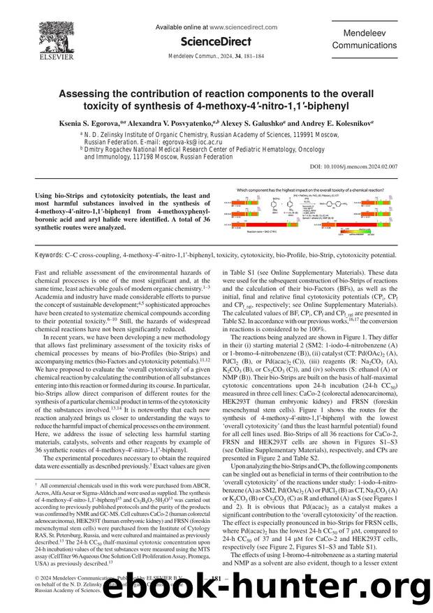Assessing the contribution of reaction components to the overall toxicity of synthesis of 4-methoxy-4'-nitro-1,1'-biphenyl by Ksenia S. Egorova & Alexandra V. Posvyatenko & Alexey S. Galushko & Andrey E. Kolesnikov