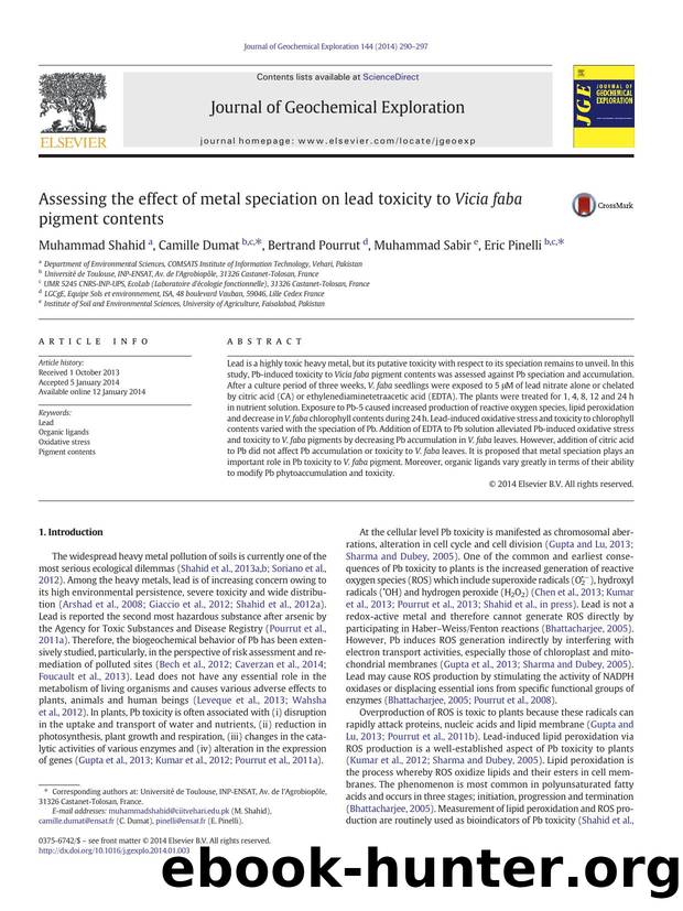 Assessing the effect of metal speciation on lead toxicity to Vicia faba pigment contents by Muhammad Shahid & Camille Dumat & Bertrand Pourrut & Muhammad Sabir & Eric Pinelli