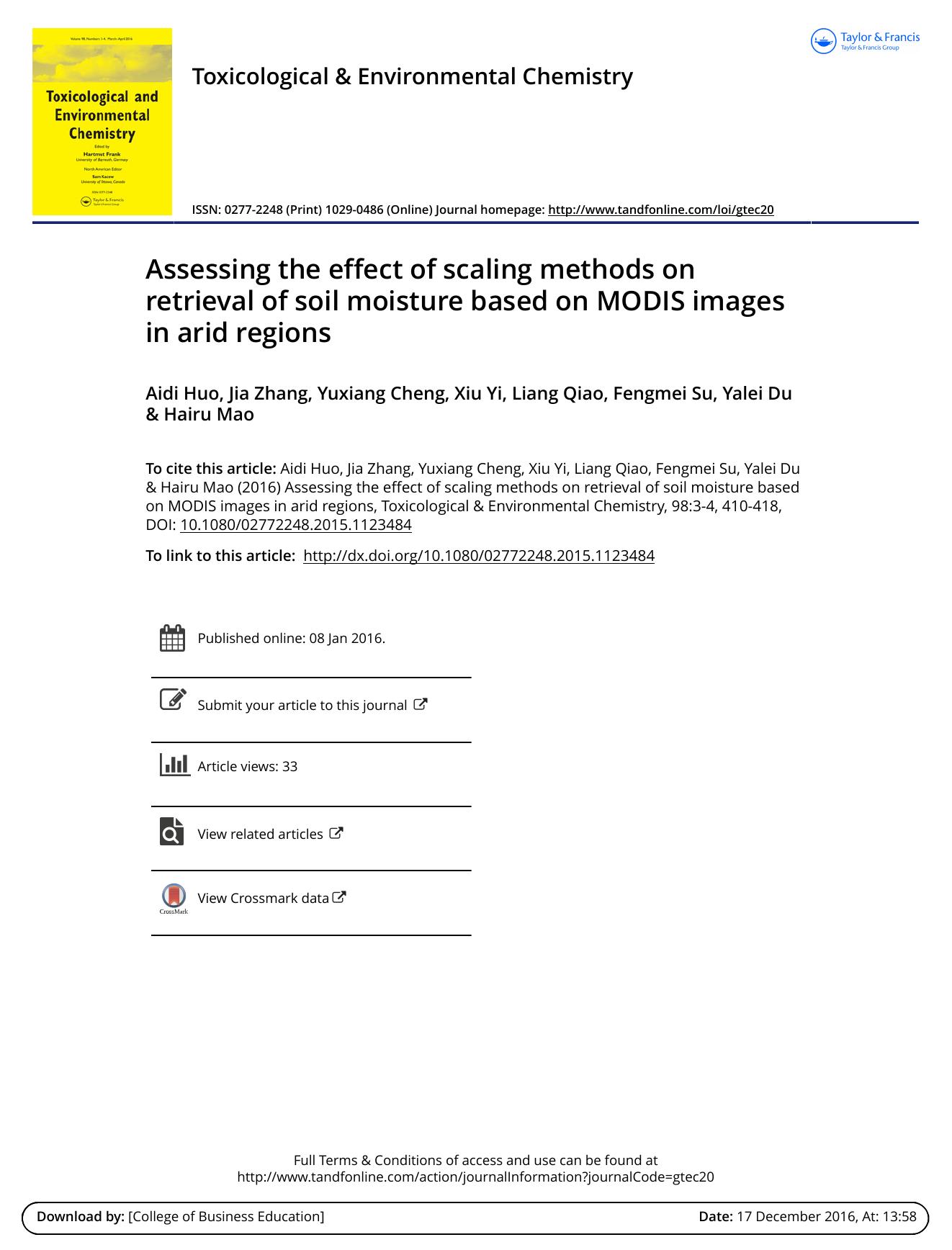 Assessing the effect of scaling methods on retrieval of soil moisture based on MODIS images in arid regions by Aidi Huo & Jia Zhang & Yuxiang Cheng & Xiu Yi & Liang Qiao & Fengmei Su & Yalei Du & Hairu Mao