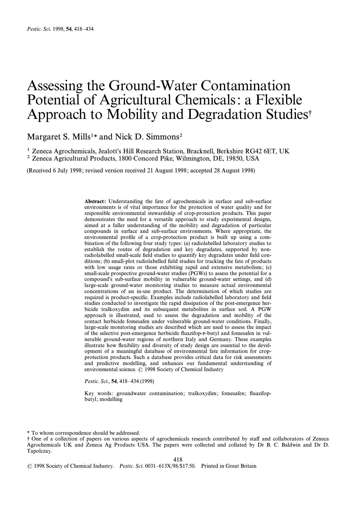 Assessing the groundwater contamination potential of agricultural chemicals: a flexible approach to mobility and degradation studies by Unknown