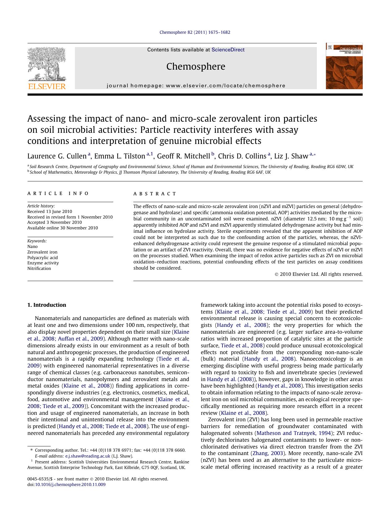 Assessing the impact of nano- and micro-scale zerovalent iron particles on soil microbial activities: Particle reactivity interferes with assay conditions and interpretation of gen by Laurence G. Cullen & Emma L. Tilston & Geoff R. Mitchell & Chris D. Collins & Liz J. Shaw