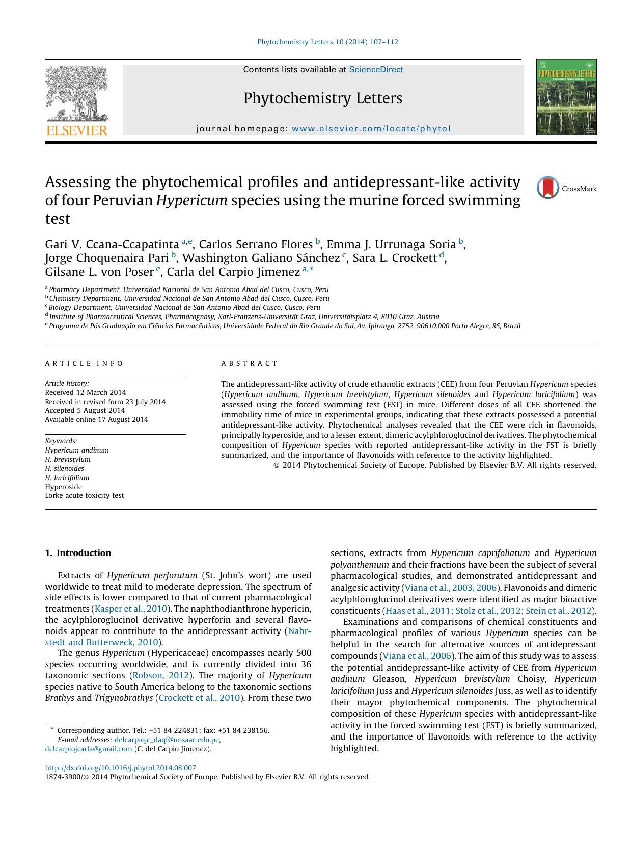Assessing the phytochemical profiles and antidepressant-like activity of four Peruvian Hypericum species using the murine forced swimming test by unknow