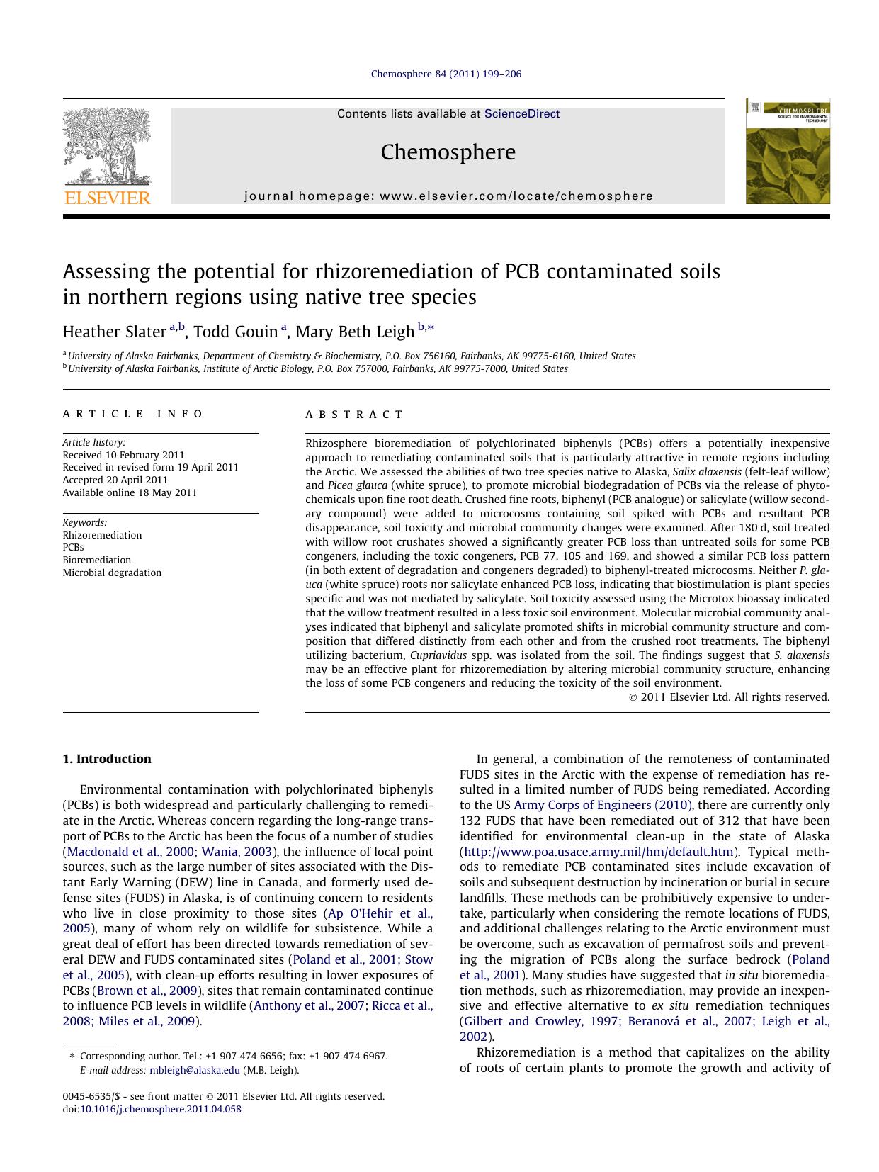 Assessing the potential for rhizoremediation of PCB contaminated soils in northern regions using native tree species by Heather Slater & Todd Gouin & Mary Beth Leigh