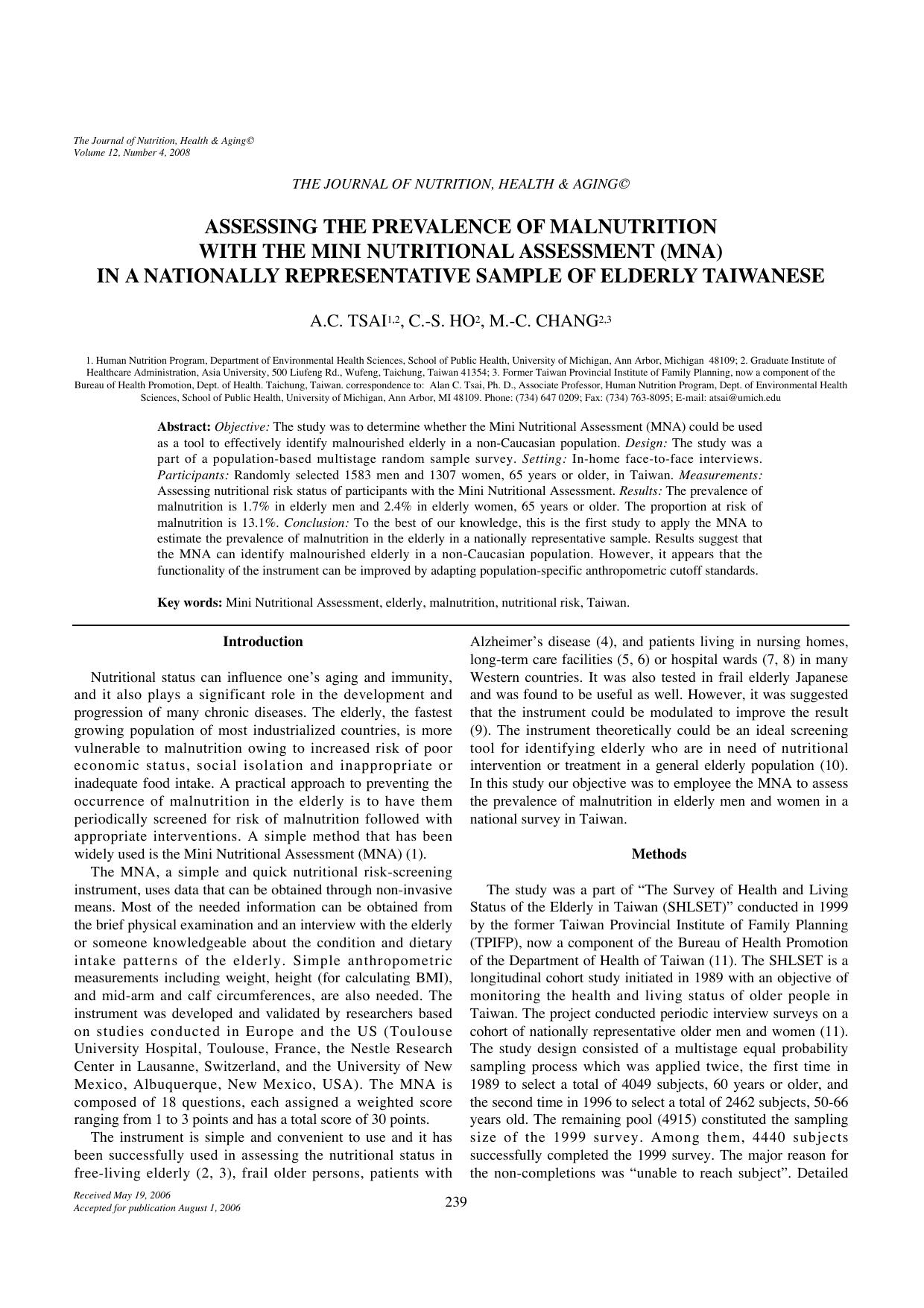 Assessing the prevalence of malnutrition with the Mini Nutritional Assessment (MNA) in a nationally representative sample of elderly Taiwanese by Unknown