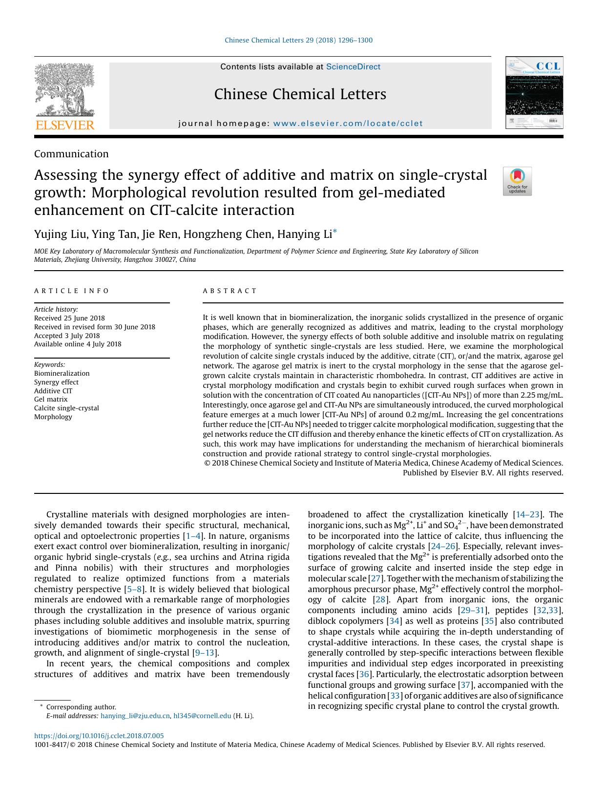 Assessing the synergy effect of additive and matrix on single-crystal growth: Morphological revolution resulted from gel-mediated enhancement on CIT-calcite interaction by Yujing Liu & Ying Tan & Jie Ren & Hongzheng Chen & Hanying Li