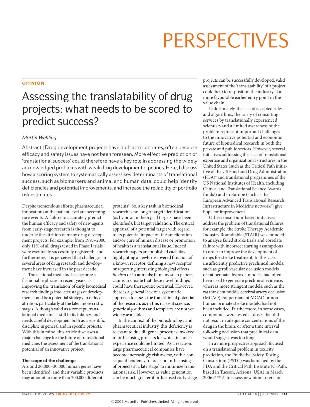 Assessing the translatability of drug projects: what needs to be scored to predict success? by Martin Wehling